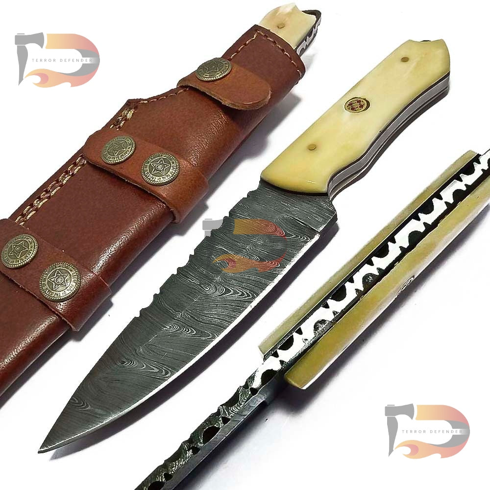 9″inches Handmade Damascus Steel Skinner Knife – Custom Hunting knife with Leather Sheath