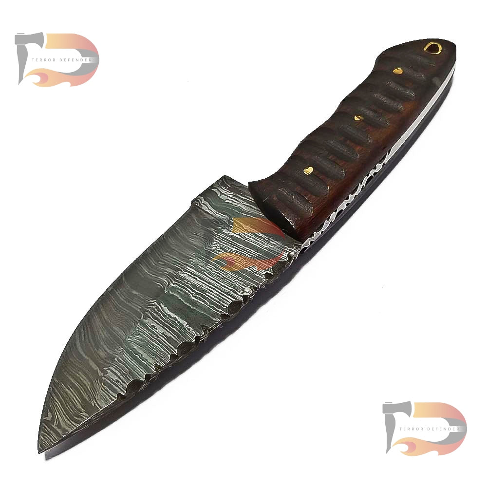 9″inches Long Handmade Damascus Steel Skinner Hunting Knife with Pure Leather Sheath