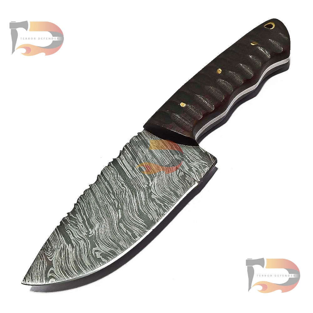 9″inches Long Handmade Damascus Steel Skinner Hunting Knife with Pure Leather Sheath