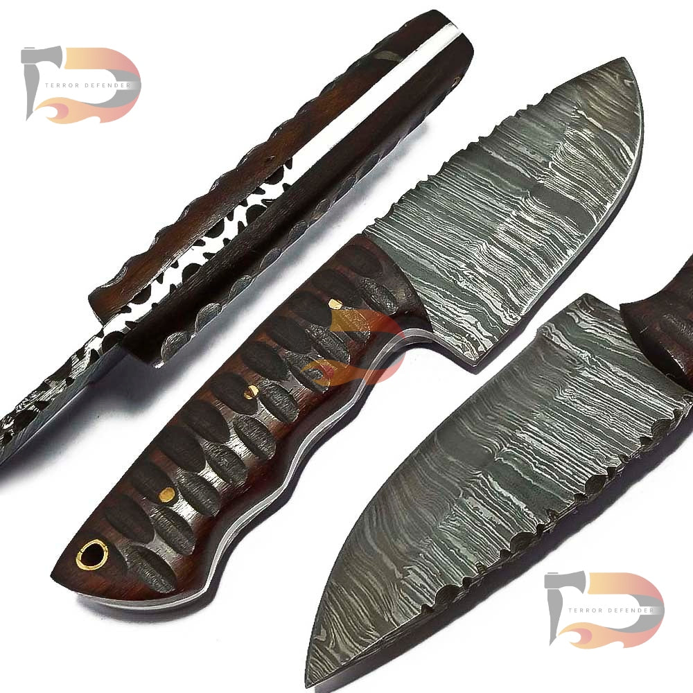 9″inches Long Handmade Damascus Steel Skinner Hunting Knife with Pure Leather Sheath