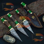 Handmade Damascus Custom Stag/Antler Fixed Blade Hunting Knife/Brass Handle Comes with Pure Leather Sheath Best Gift for Him | Camping knife( LOT OF 4 ) Hunting knives Terror Defender 