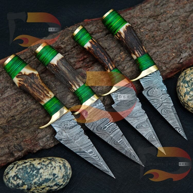 Handmade Damascus Custom Stag/Antler Fixed Blade Hunting Knife/Brass Handle Comes with Pure Leather Sheath Best Gift for Him | Camping knife( LOT OF 4 ) Hunting knives Terror Defender 