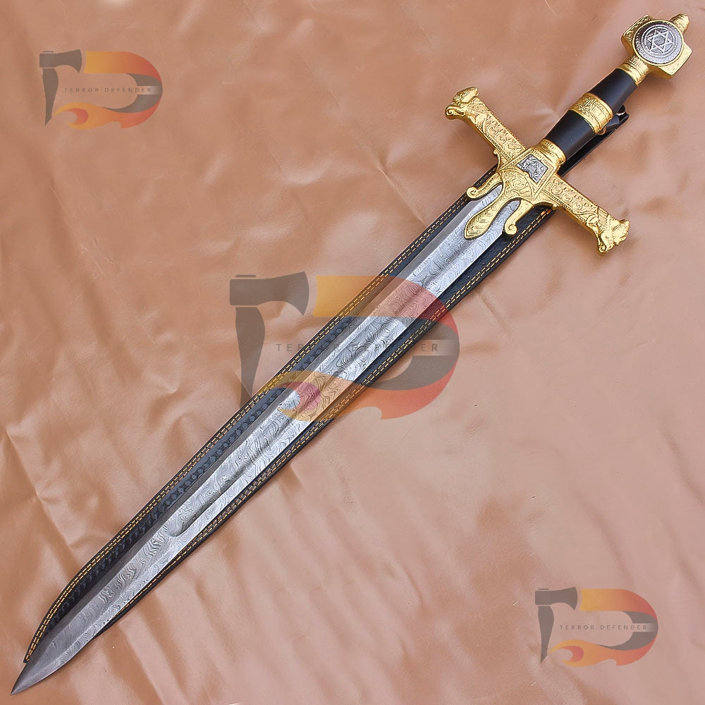 Handmade King Solomon Damascus Sword | Crusader Sword | King David Sword Christmas Gift With Black Leather Sheath