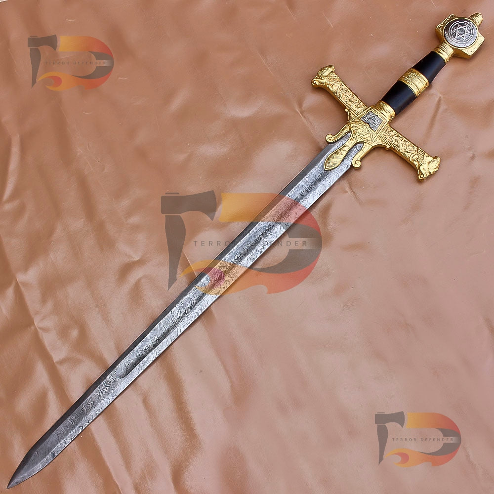 Handmade King Solomon Damascus Sword | Crusader Sword | King David Sword Christmas Gift With Black Leather Sheath