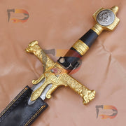 Handmade King Solomon Damascus Sword | Crusader Sword | King David Sword Christmas Gift With Black Leather Sheath