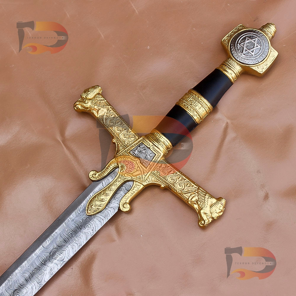 Handmade King Solomon Damascus Sword | Crusader Sword | King David Sword Christmas Gift With Black Leather Sheath