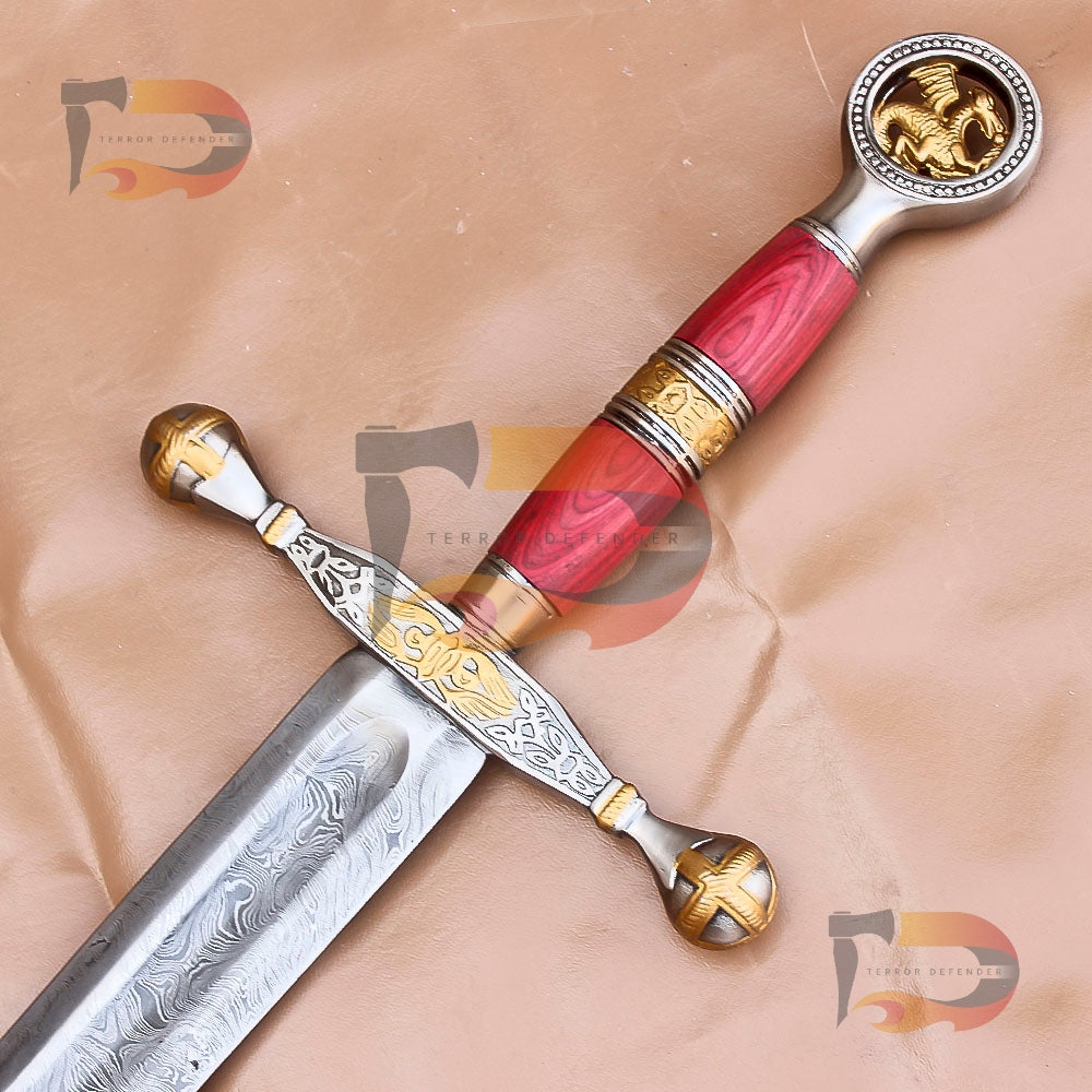 Handmade Dragon Slayer Sword | Saint George Damascus Sword | Medieval Replica Sword Movie Replica Sword With Leather Sheath