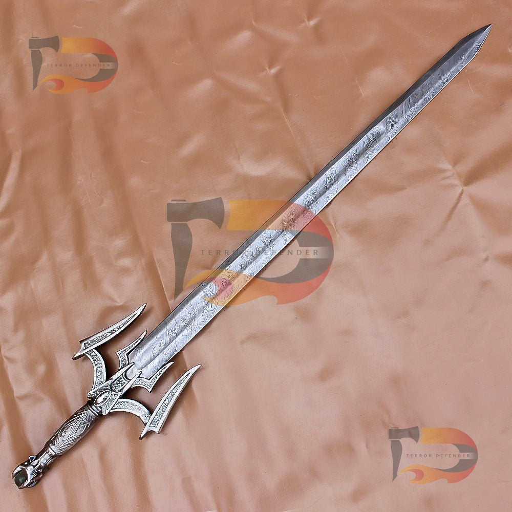 Handmade Barbarian Damascus Sword Cosplay Replica Sword Movie Replica Sword with Black Leather Sheath | Norse Sword