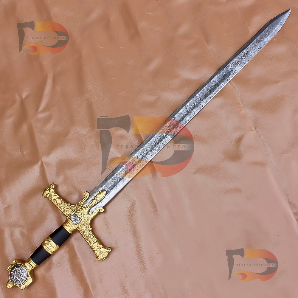 Handmade King Solomon Damascus Sword | Crusader Sword | King David Sword Christmas Gift With Black Leather Sheath