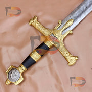 Handmade King Solomon Damascus Sword | Crusader Sword | King David Sword Christmas Gift With Black Leather Sheath