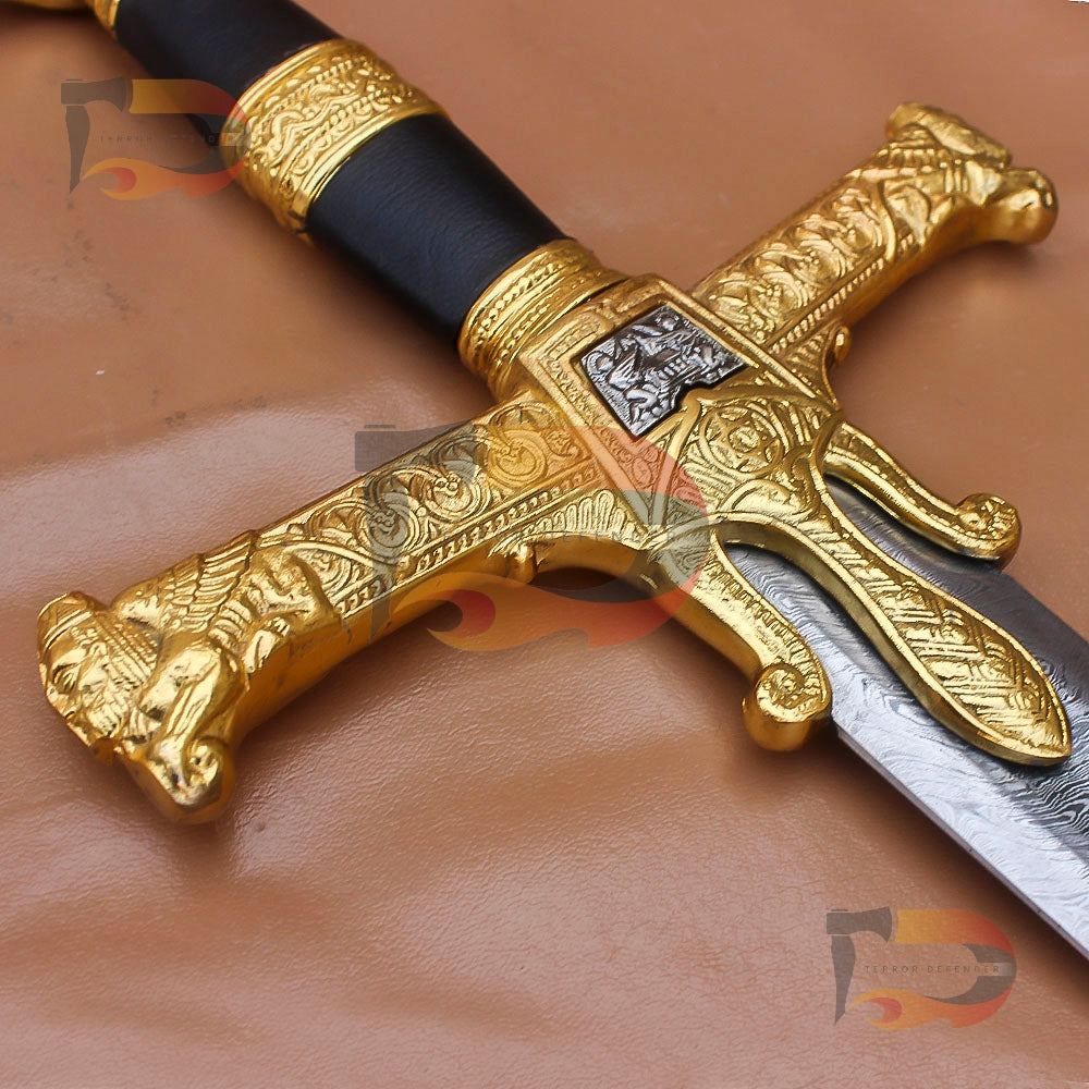 Handmade King Solomon Damascus Sword | Crusader Sword | King David Sword Christmas Gift With Black Leather Sheath