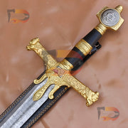 Handmade King Solomon Damascus Sword | Crusader Sword | King David Sword Christmas Gift With Black Leather Sheath