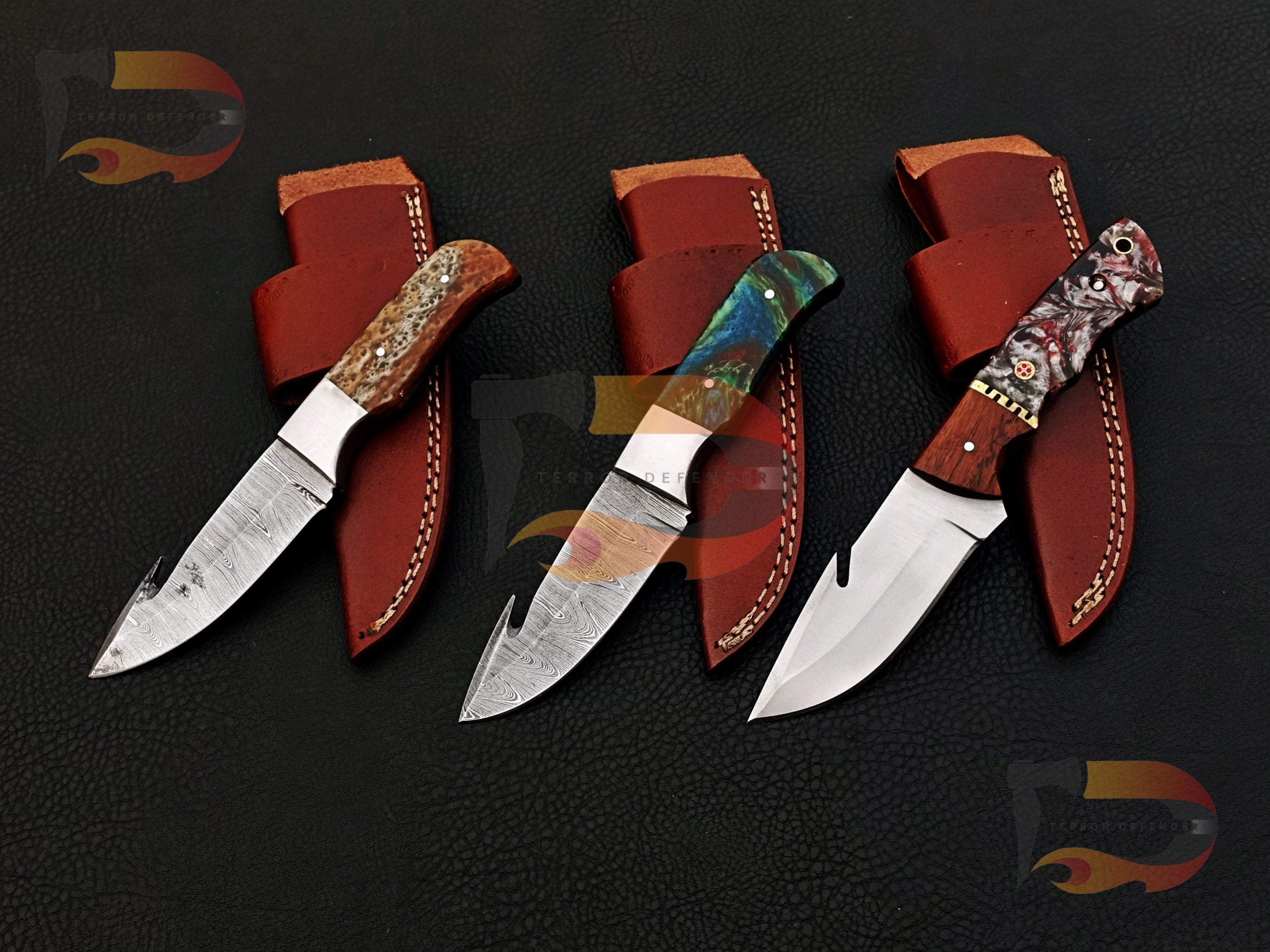 Lot of 3 Custom Handmade Damascus Hunting Knives Hunting, Gut Hook, Boot Knives for Collectors & Outdoors , Damascus . with leather Sheath