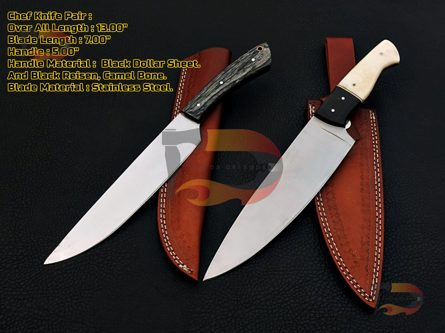 Pair of Chef Knives Custom Handmade ,Kitchen Knives , Professional Cutting Knives ,  Chef Knives With Leather Sheath