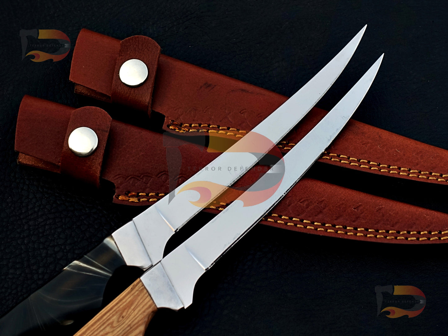 Pair of 2 Custom Handmade fillet knives , kitchen knives , professional cutting knives , razor sharp fillet knives With Leather Sheath