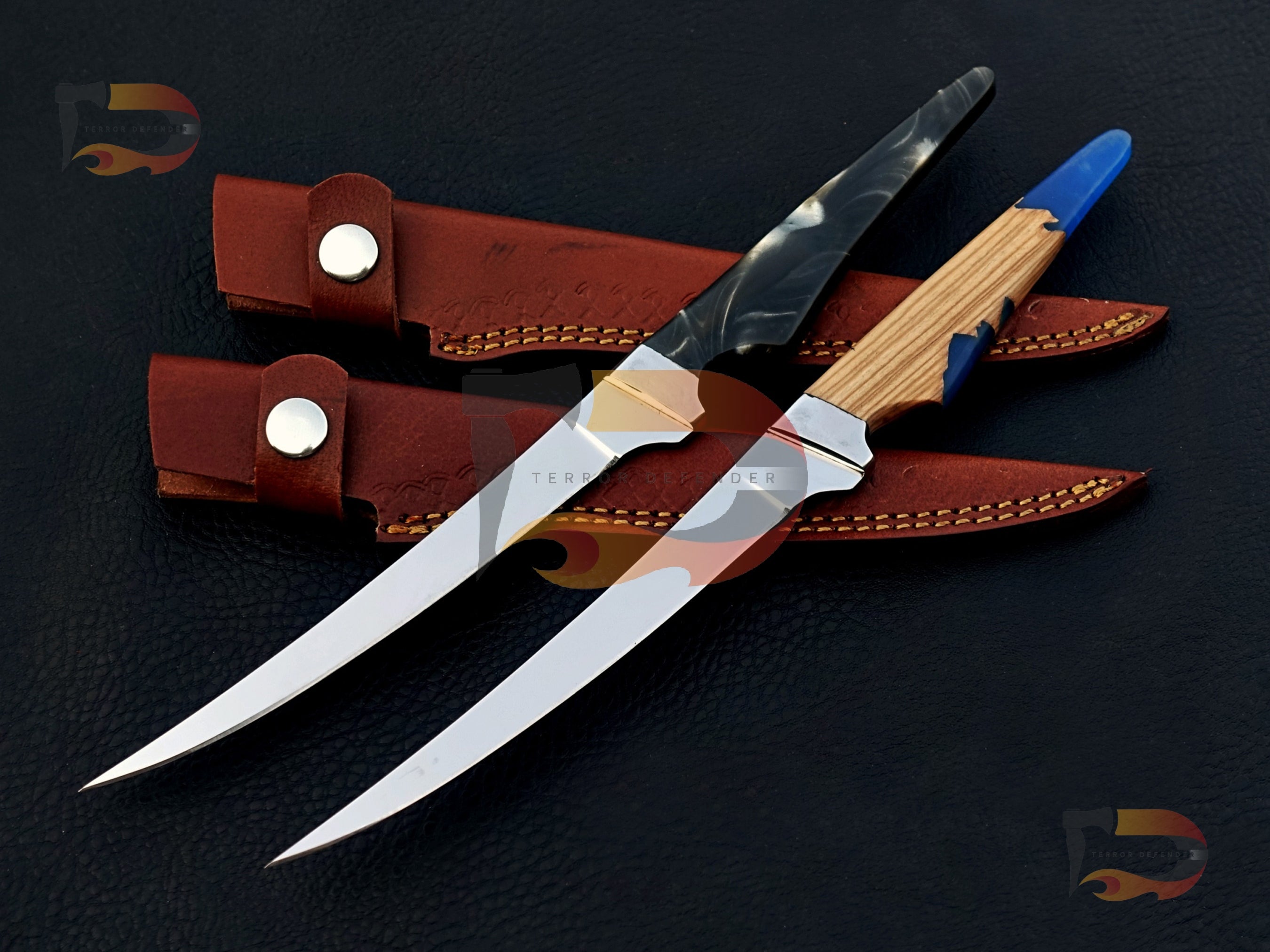 Pair of 2 Custom Handmade fillet knives , kitchen knives , professional cutting knives , razor sharp fillet knives With Leather Sheath