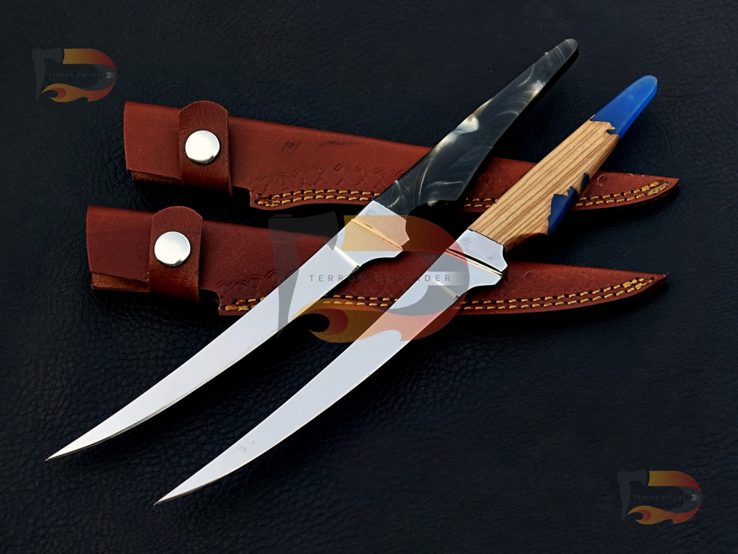 Pair of 2 Custom Handmade fillet knives , kitchen knives , professional cutting knives , razor sharp fillet knives With Leather Sheath