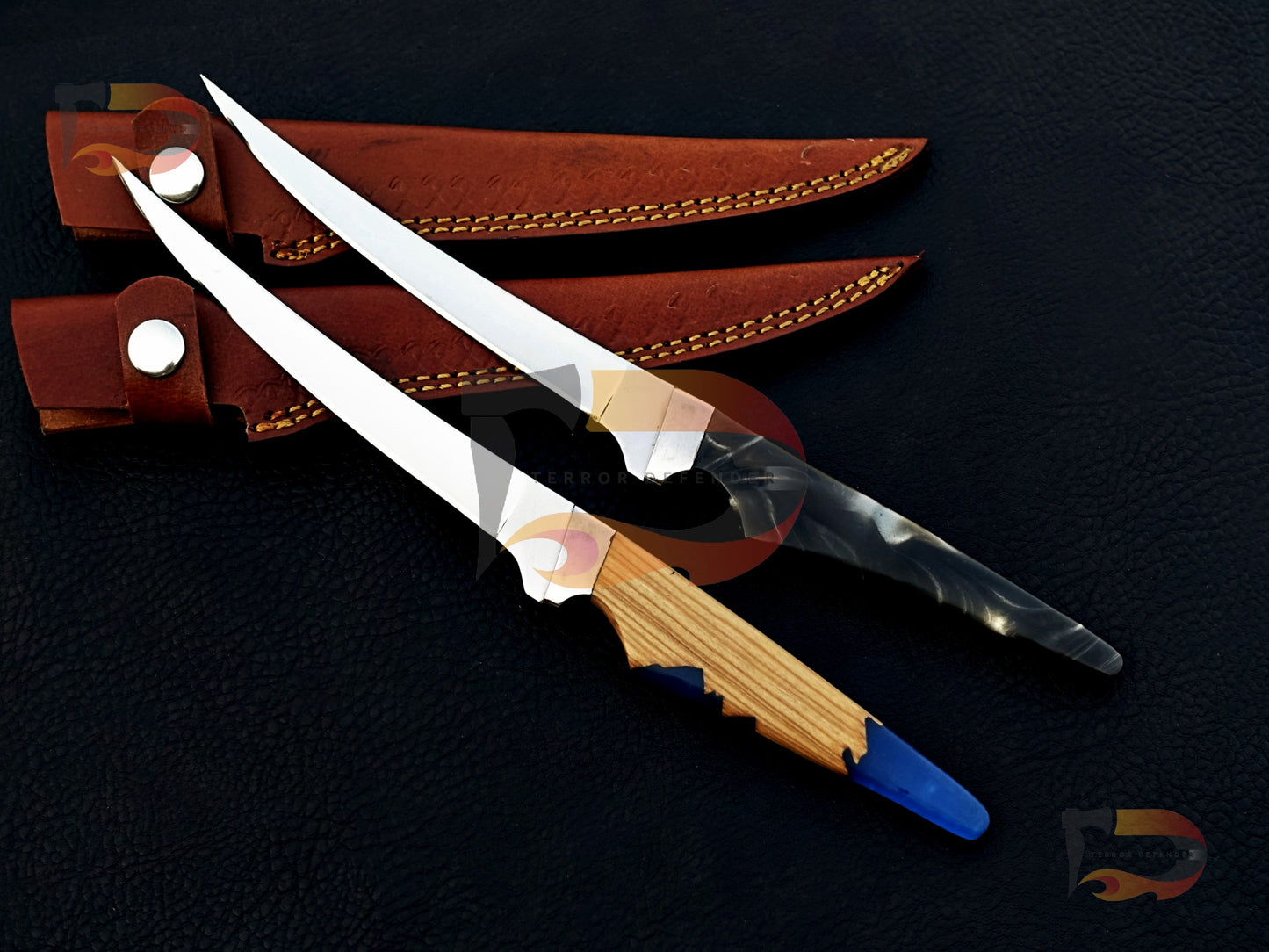 Pair of 2 Custom Handmade fillet knives , kitchen knives , professional cutting knives , razor sharp fillet knives With Leather Sheath