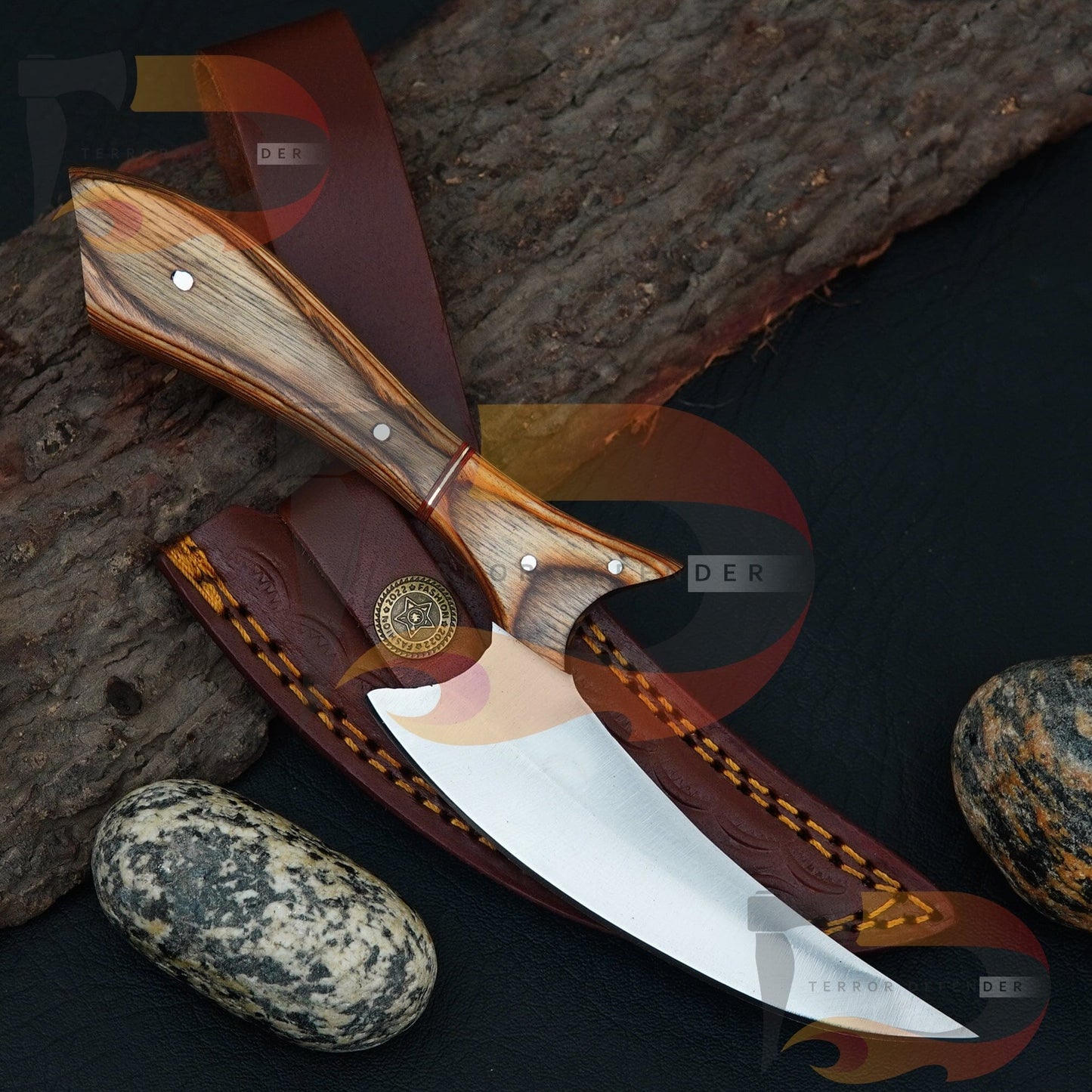 Hand Forged High-Quality Stainless steel Collectible Alloy Rosewood Handle knife Comes with pure Leather Sheath ,Best Gift for him Best gift Knives Terror Defender 