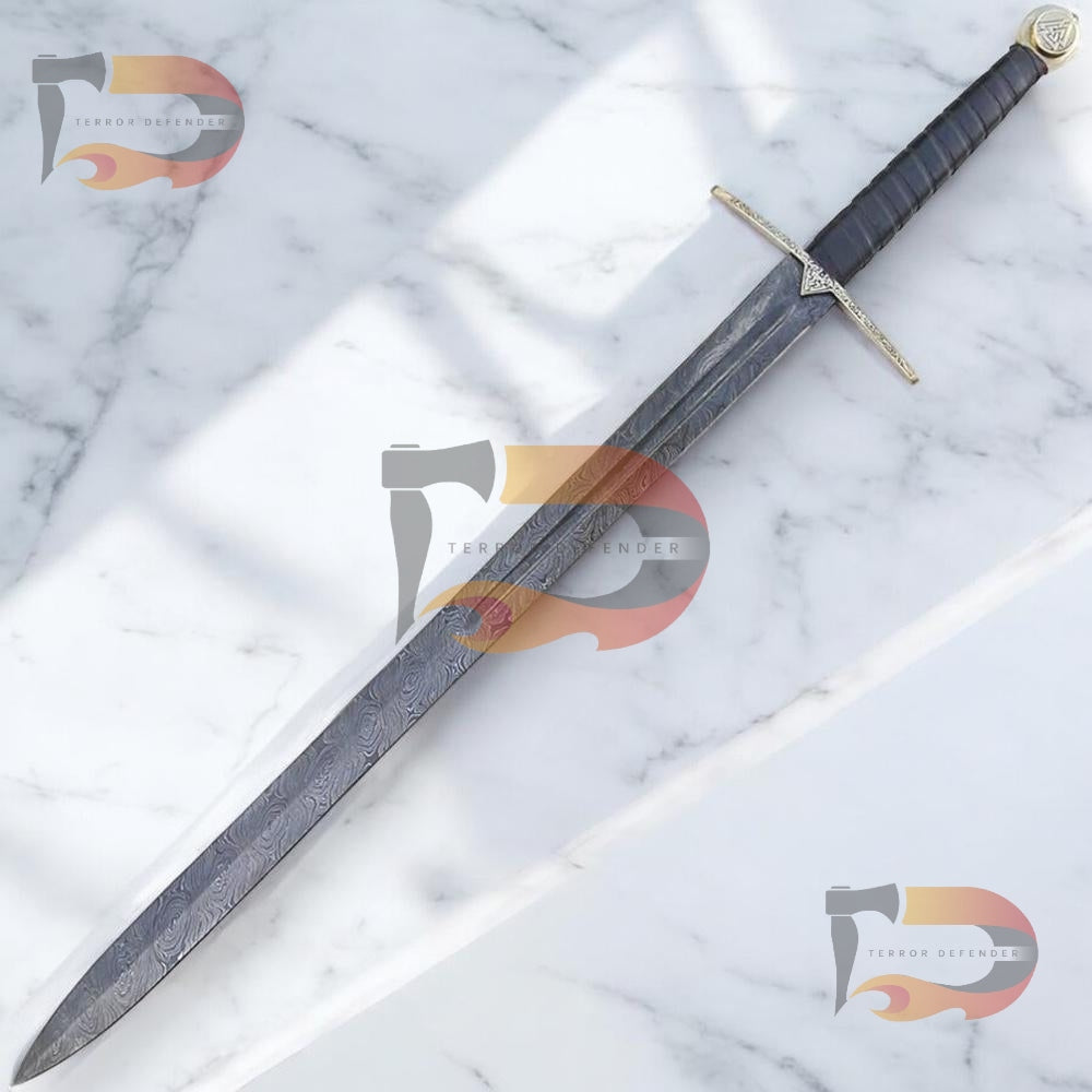 Handmade Einherjar Blade of Valhalla Damascus Steel Viking Long Sword With Leather Sheath