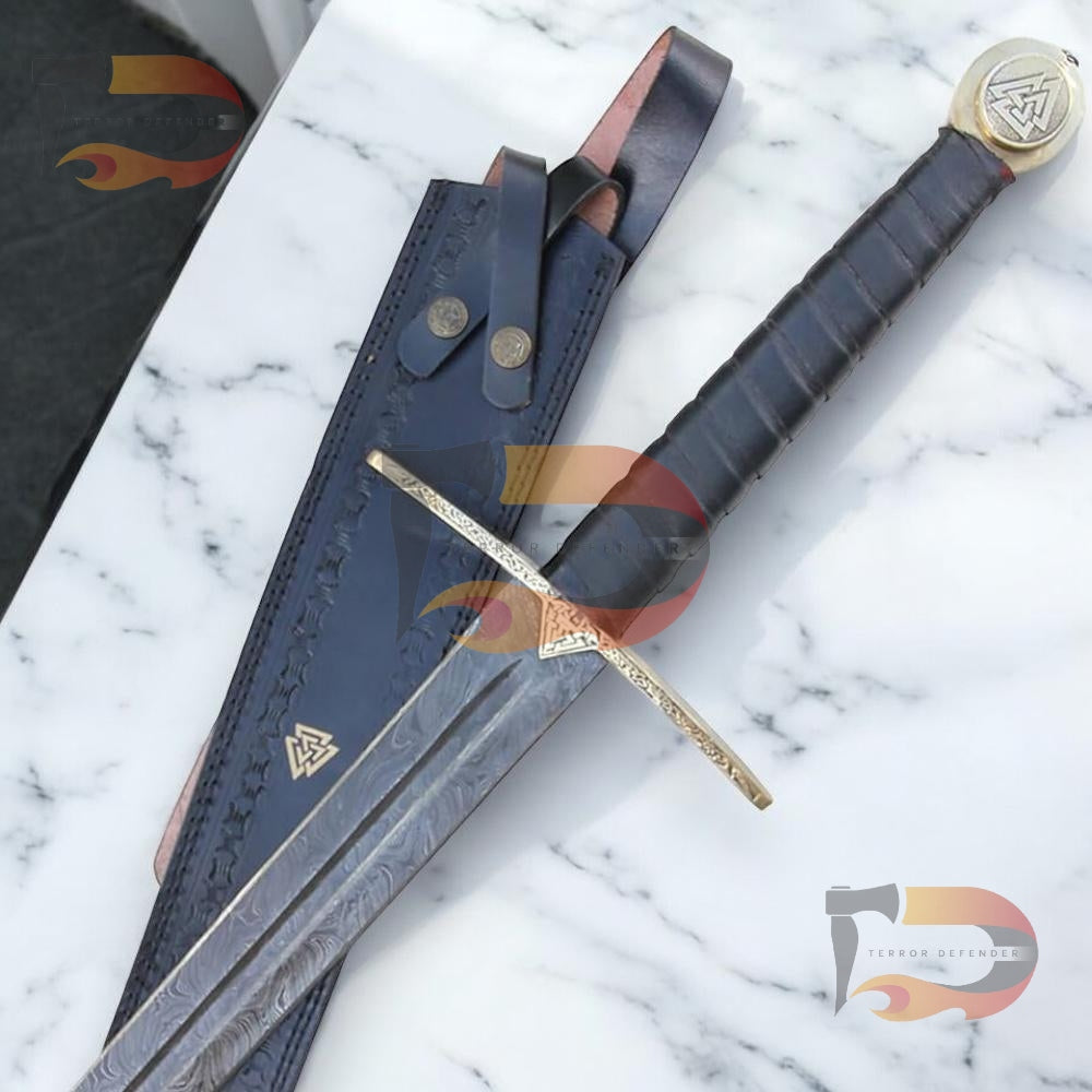 Handmade Einherjar Blade of Valhalla Damascus Steel Viking Long Sword With Leather Sheath