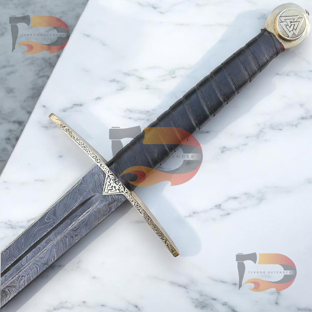 Handmade Einherjar Blade of Valhalla Damascus Steel Viking Long Sword With Leather Sheath