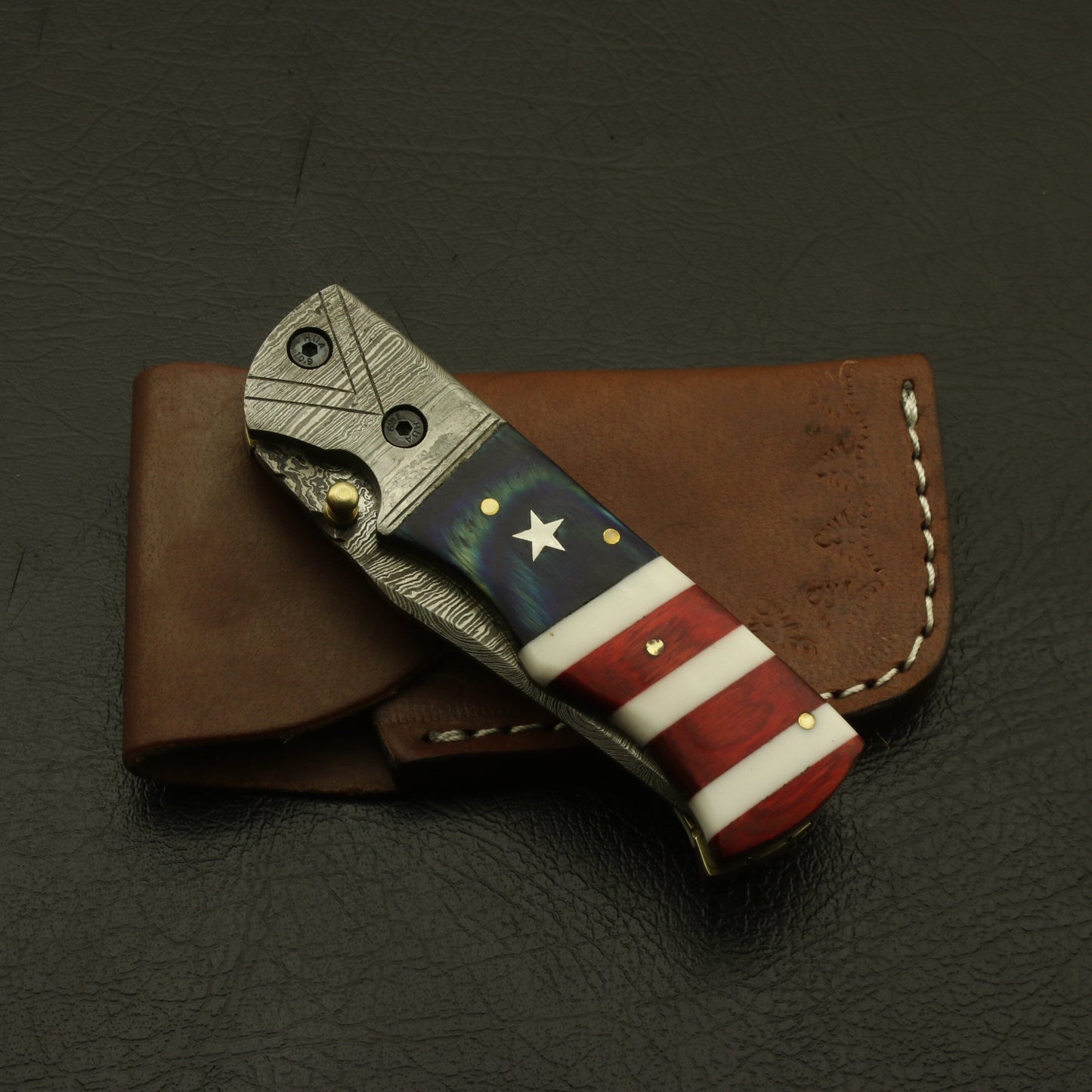 USA Flag Damascus Steel Folding Pocket Knife: Handmade, Custom, and Ideal for Camping & Hiking with Leather Sheath - Best gift for him knife Terror Defender 