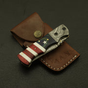 USA Flag Damascus Steel Folding Pocket Knife: Handmade, Custom, and Ideal for Camping & Hiking with Leather Sheath - Best gift for him knife Terror Defender 