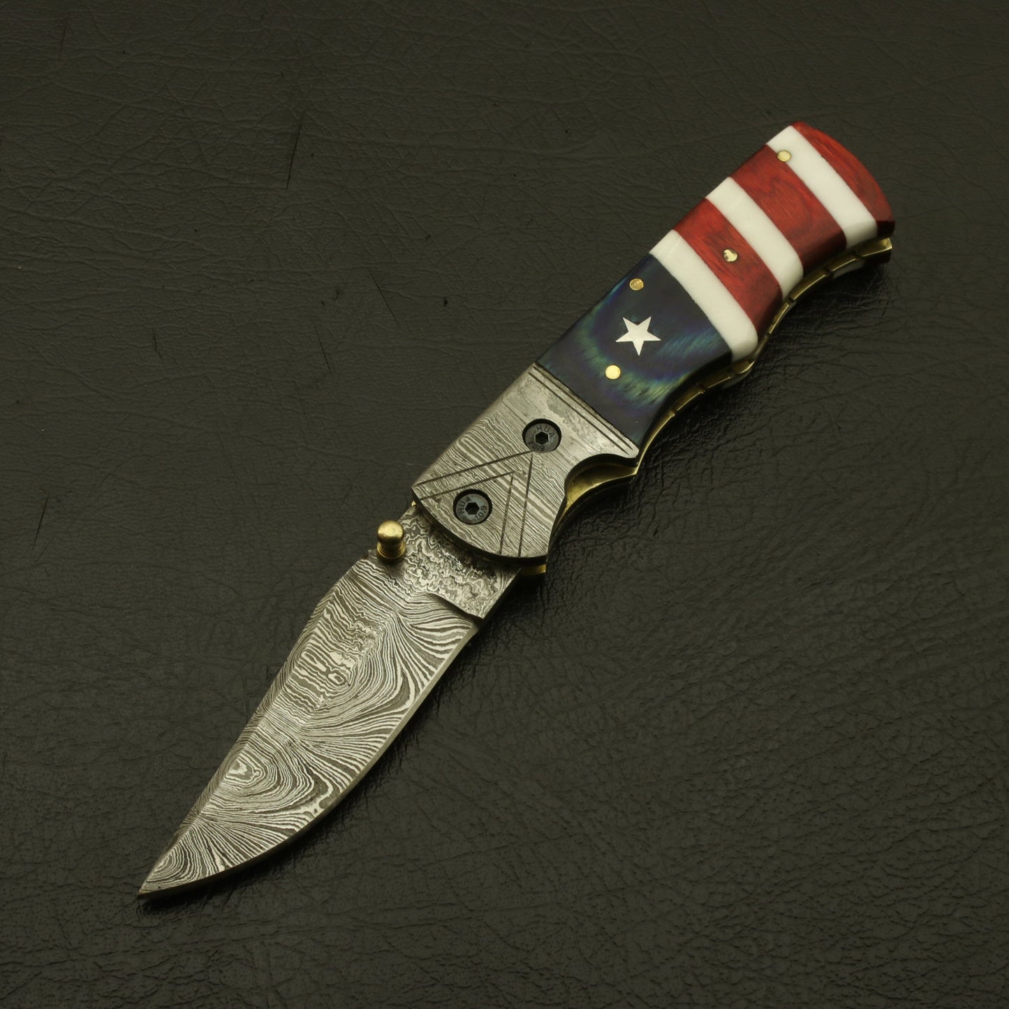 USA Flag Damascus Steel Folding Pocket Knife: Handmade, Custom, and Ideal for Camping & Hiking with Leather Sheath - Best gift for him knife Terror Defender 