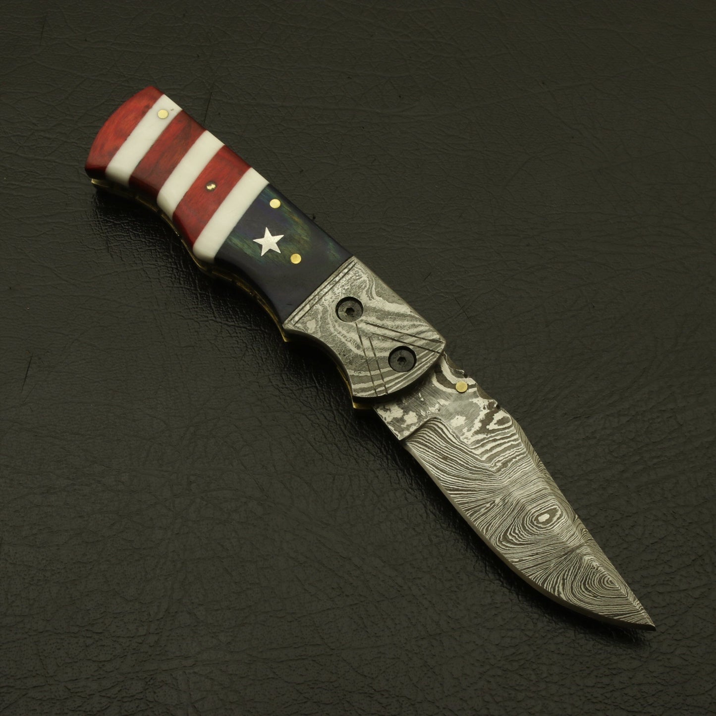 USA Flag Damascus Steel Folding Pocket Knife: Handmade, Custom, and Ideal for Camping & Hiking with Leather Sheath - Best gift for him knife Terror Defender 