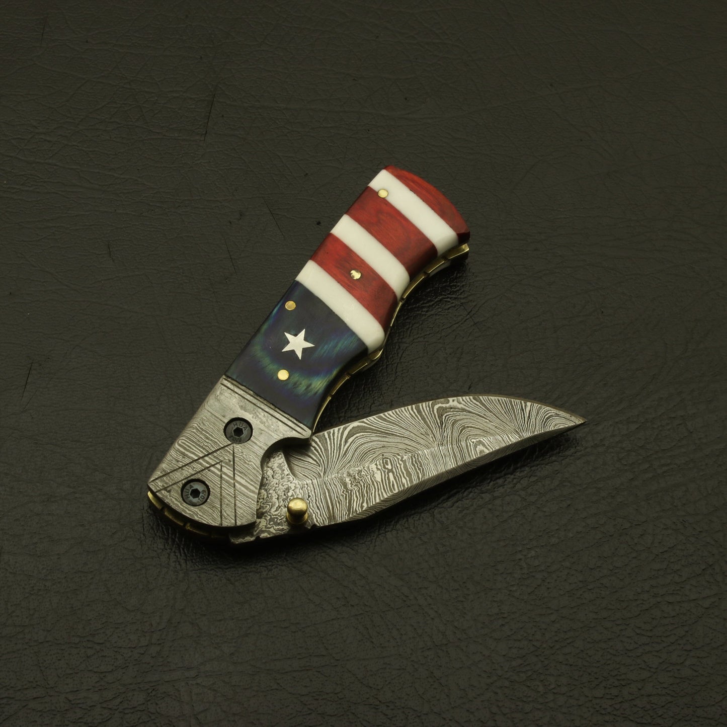 USA Flag Damascus Steel Folding Pocket Knife: Handmade, Custom, and Ideal for Camping & Hiking with Leather Sheath - Best gift for him knife Terror Defender 