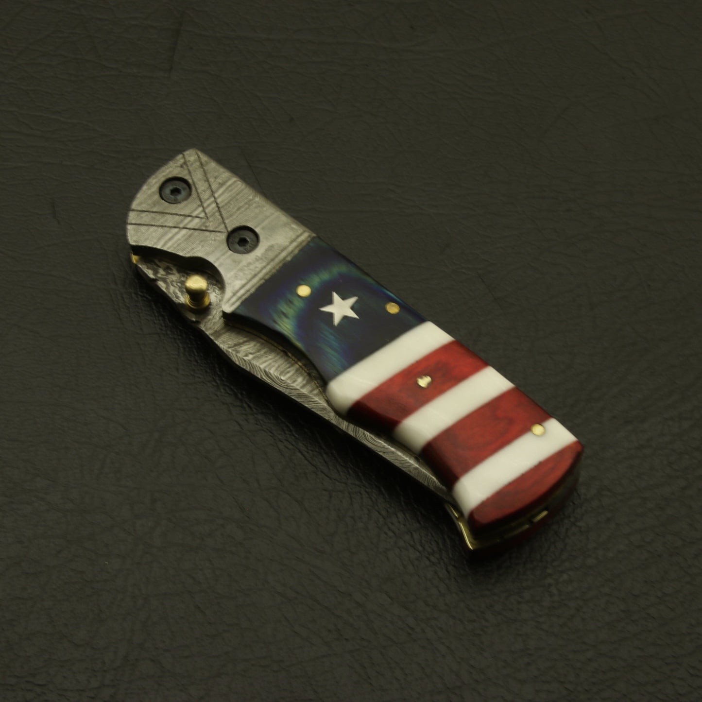 USA Flag Damascus Steel Folding Pocket Knife: Handmade, Custom, and Ideal for Camping & Hiking with Leather Sheath - Best gift for him knife Terror Defender 