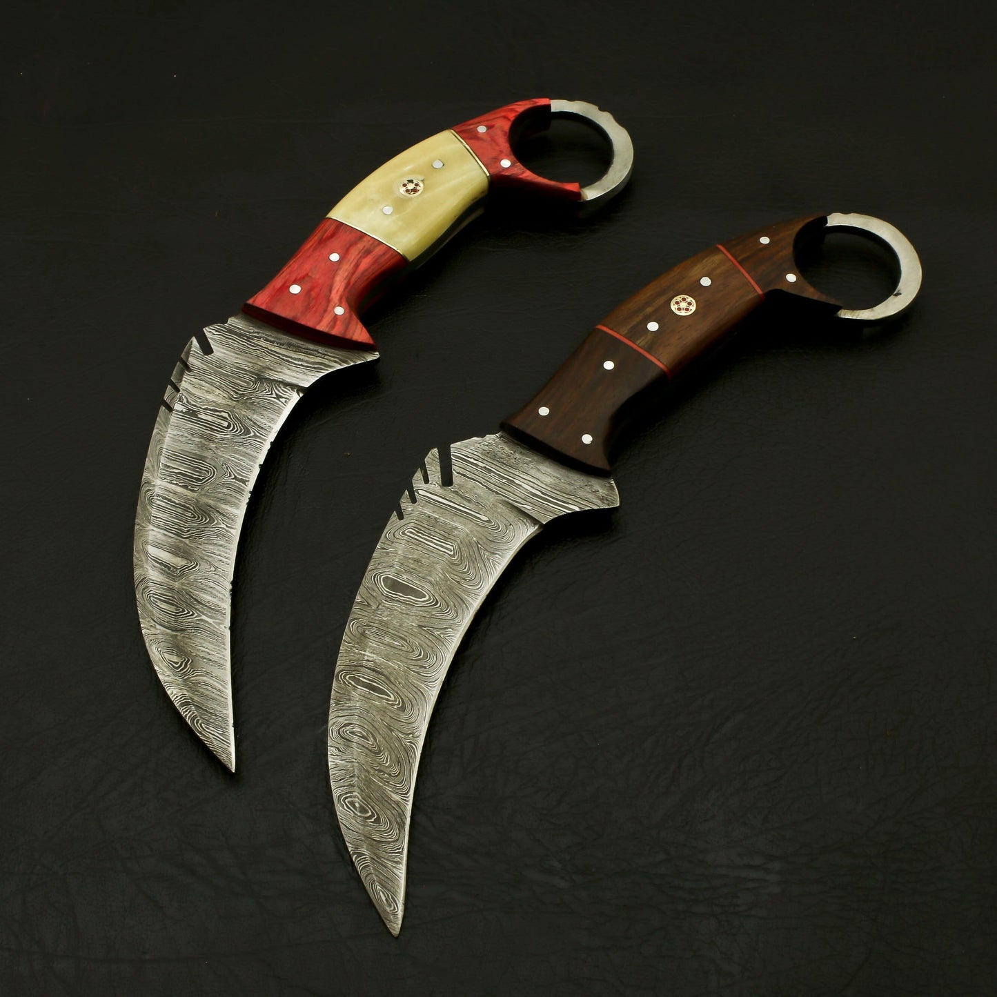 Combo of 2: Handmade Damascus Karambit Knife Handle Made Of Wood Knives Terror Defender 