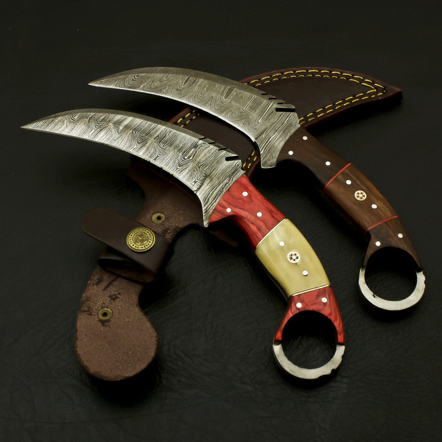 Combo of 2: Handmade Damascus Karambit Knife Handle Made Of Wood Knives Terror Defender 