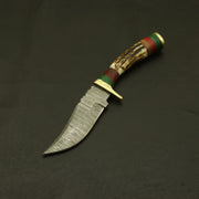 9 Handmade Damascus Steel Hunting Knife with Stag Horn Bolster:Complete with Pure Leather Sheath - Perfect for Camping and EDC. knife Terror Defender 