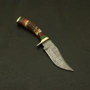 9 Handmade Damascus Steel Hunting Knife with Stag Horn Bolster:Complete with Pure Leather Sheath - Perfect for Camping and EDC. knife Terror Defender 