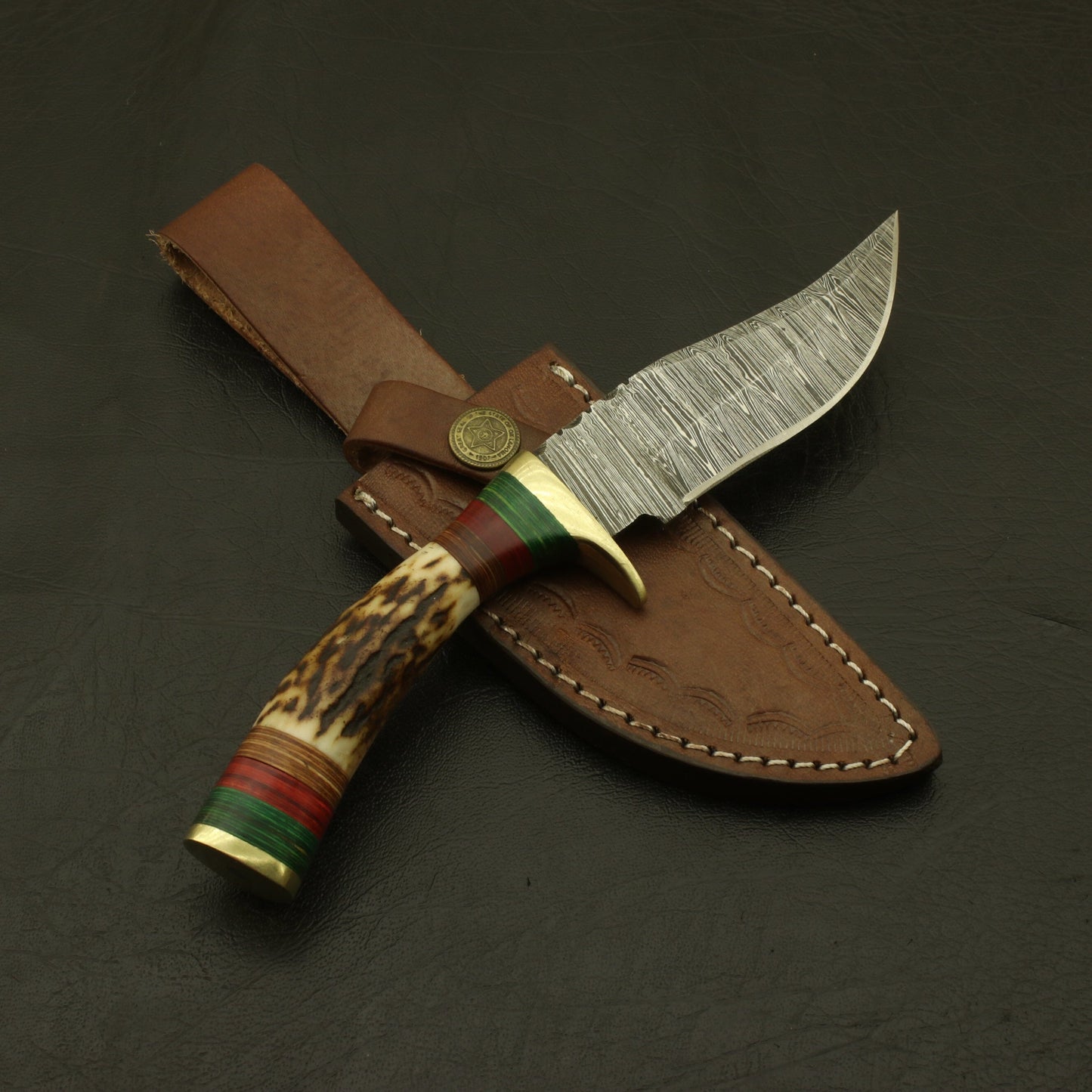 9 Handmade Damascus Steel Hunting Knife with Stag Horn Bolster:Complete with Pure Leather Sheath - Perfect for Camping and EDC. knife Terror Defender 