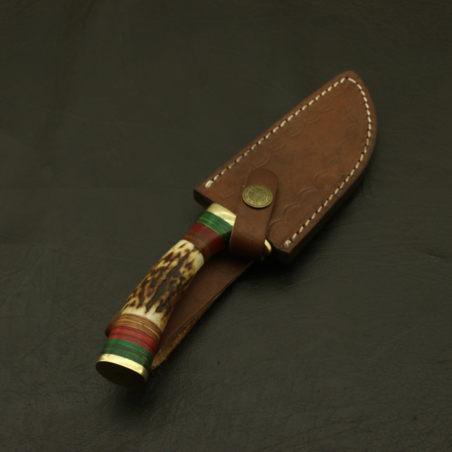 9 Handmade Damascus Steel Hunting Knife with Stag Horn Bolster:Complete with Pure Leather Sheath - Perfect for Camping and EDC. knife Terror Defender 