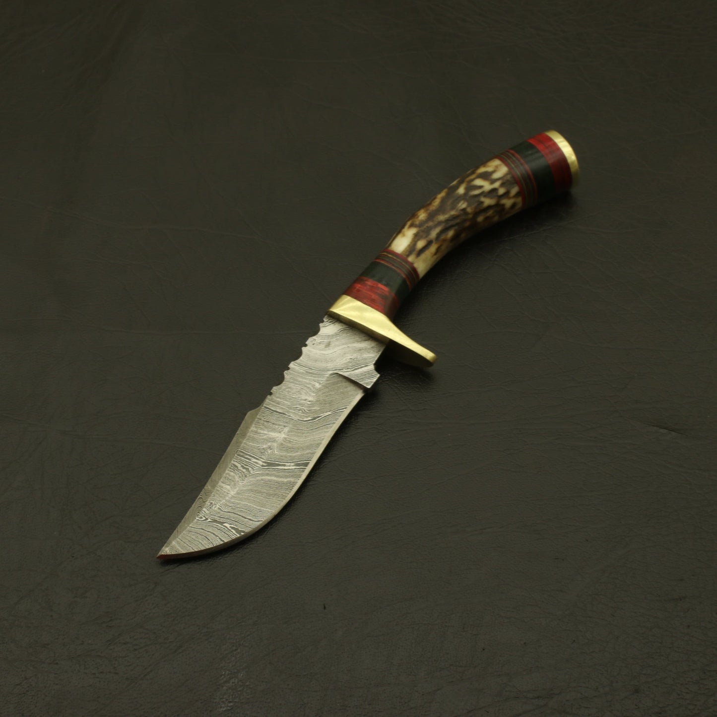 Custom Hand-Forged Damascus 8-Inch Hunting/Skinning Knife with Stag Horn Bolster: Leather Sheath, Camping, and the Perfect Gift. knife Terror Defender 