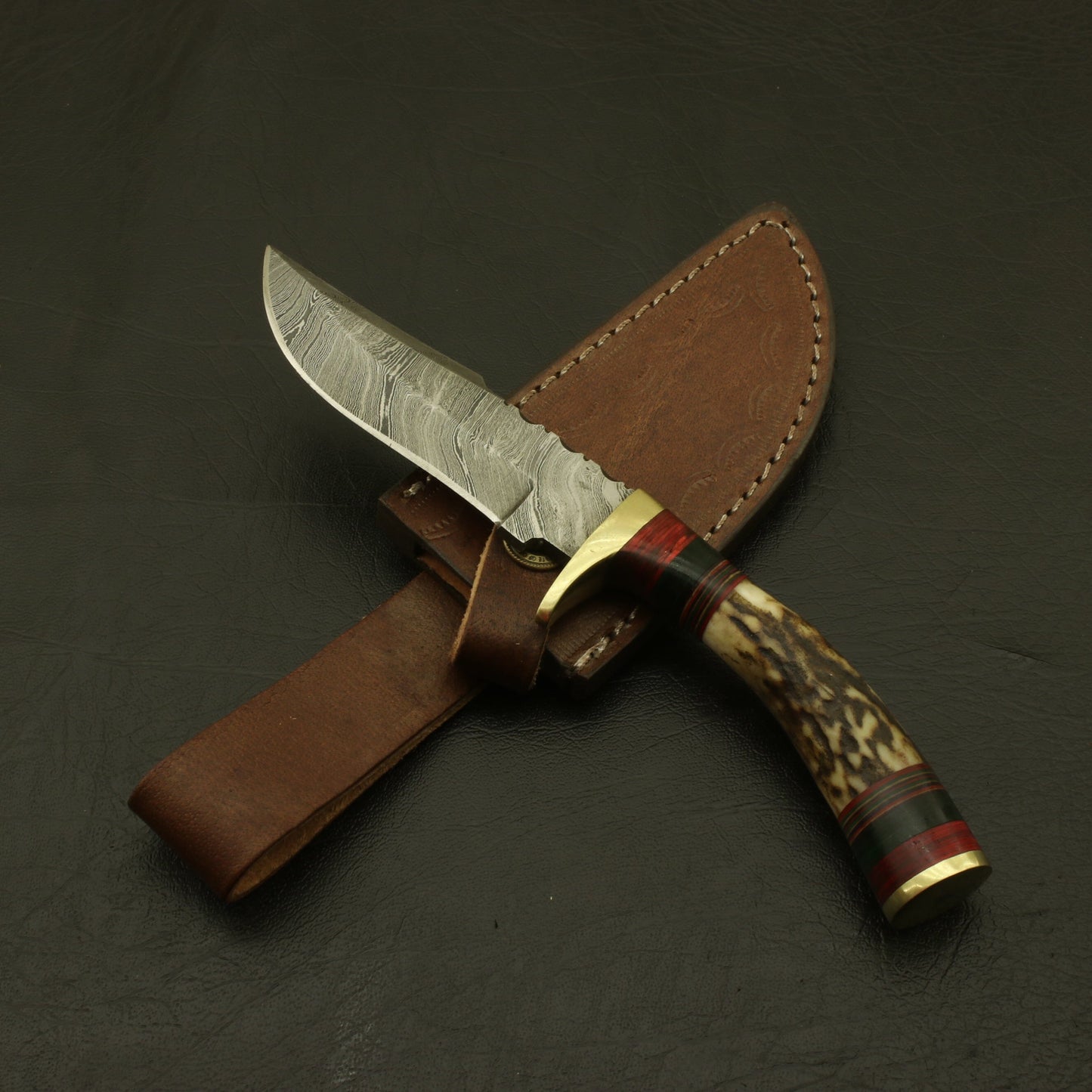 Custom Hand-Forged Damascus 8-Inch Hunting/Skinning Knife with Stag Horn Bolster: Leather Sheath, Camping, and the Perfect Gift. knife Terror Defender 