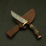 Custom Hand-Forged Damascus 8-Inch Hunting/Skinning Knife with Stag Horn Bolster: Leather Sheath, Camping, and the Perfect Gift. knife Terror Defender 