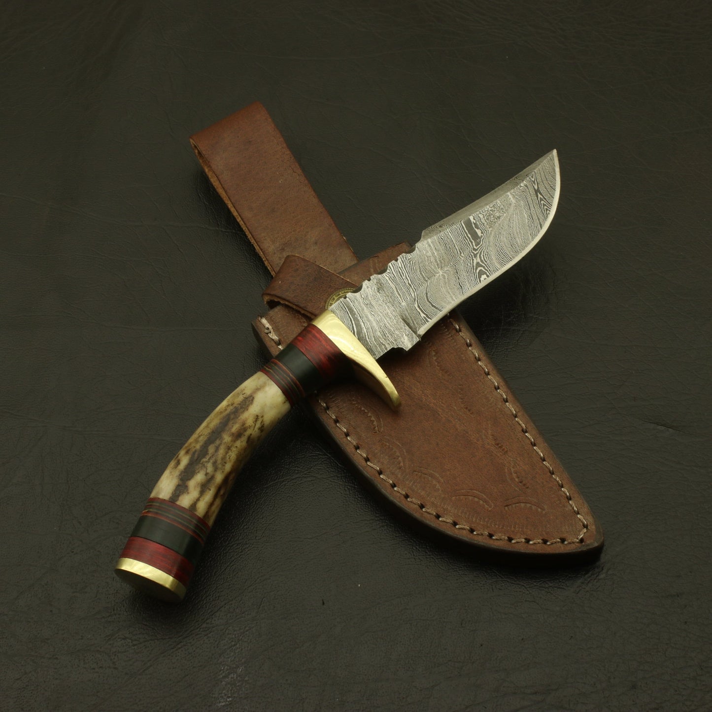 Custom Hand-Forged Damascus 8-Inch Hunting/Skinning Knife with Stag Horn Bolster: Leather Sheath, Camping, and the Perfect Gift. knife Terror Defender 