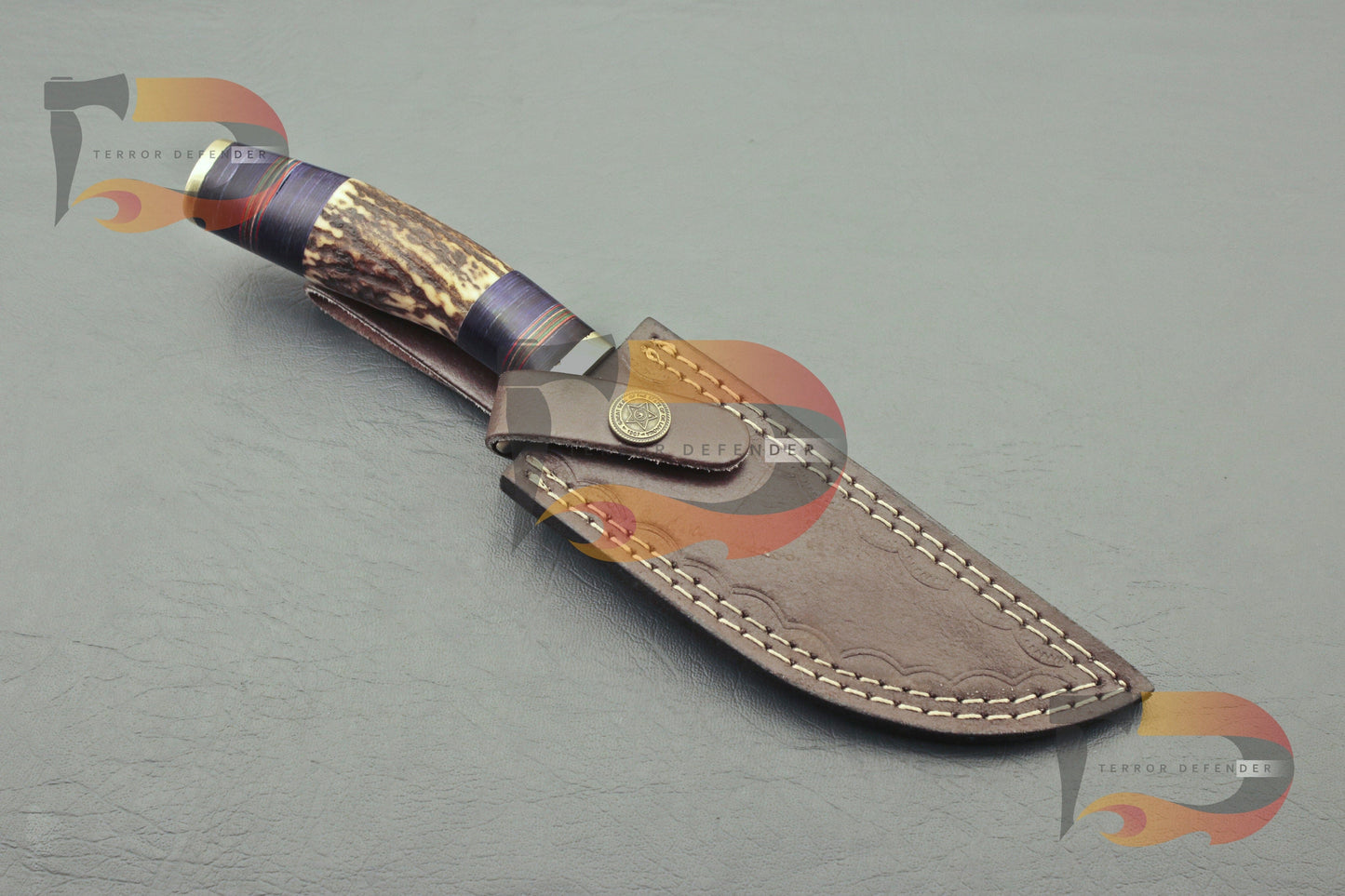 Collectible Handmade Damascus Hunting Stag Horn Bolster Handle Camping Knife With Custom Sheath Best Collector Knife| EDC Hunting knives Terror Defender 