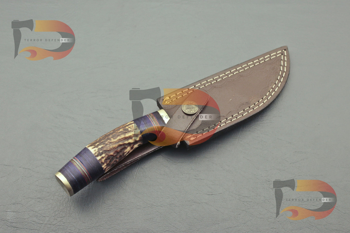 Collectible Handmade Damascus Hunting Stag Horn Bolster Handle Camping Knife With Custom Sheath Best Collector Knife| EDC Hunting knives Terror Defender 