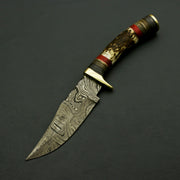 Handcrafted Damascus Steel Hunting Knife with Stag Horn Bolster Handle, and Leather Sheath Hunting knives Terror Defender 