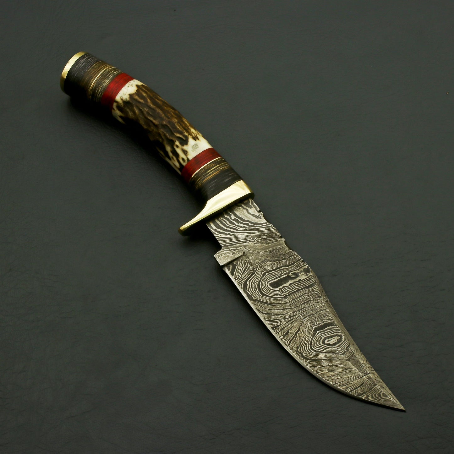 Handcrafted Damascus Steel Hunting Knife with Stag Horn Bolster Handle, and Leather Sheath Hunting knives Terror Defender 