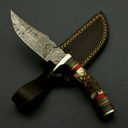 Handcrafted Damascus Steel Hunting Knife with Stag Horn Bolster Handle, and Leather Sheath Hunting knives Terror Defender 