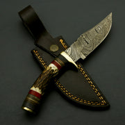 Handcrafted Damascus Steel Hunting Knife with Stag Horn Bolster Handle, and Leather Sheath Hunting knives Terror Defender 