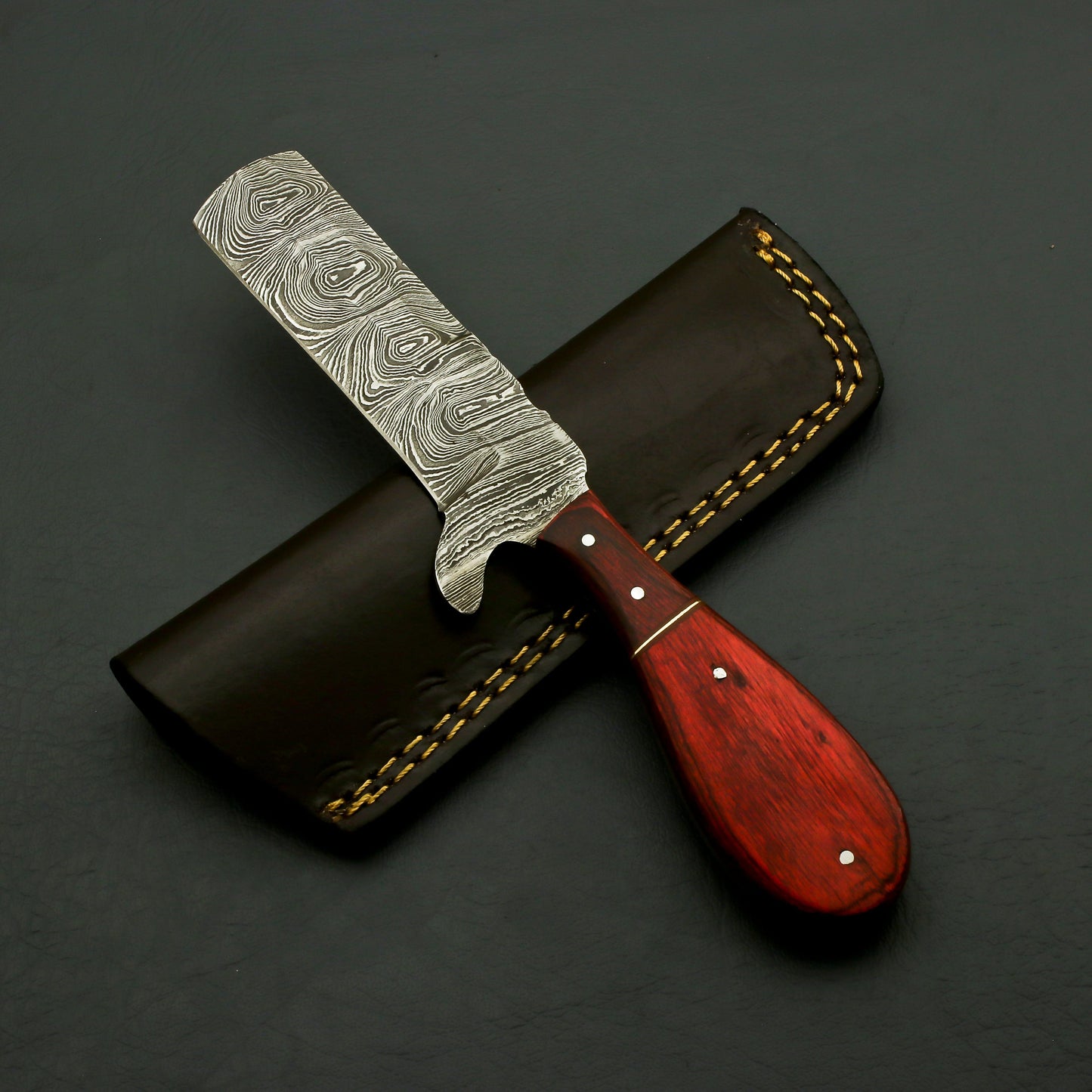 Handmade Damascus Steel Hunting Fixed Blade Knife with Leather Sheath Best Damascus Steel with Redwood Handle Best Gift For Him | EDC Knives Terror Defender 