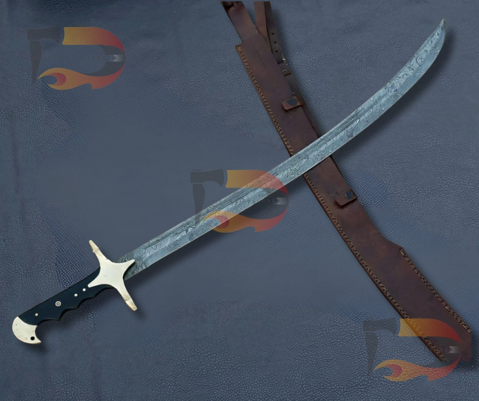 Custom Hand Forged Damascus Steel Arabic Sword, with Leather Sheath | Best Hunting sword | Gift for Him